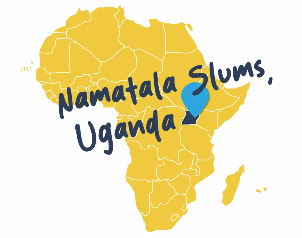 Yellow map of Africa with a blue marker highlighting Namatala Slums, Uganda