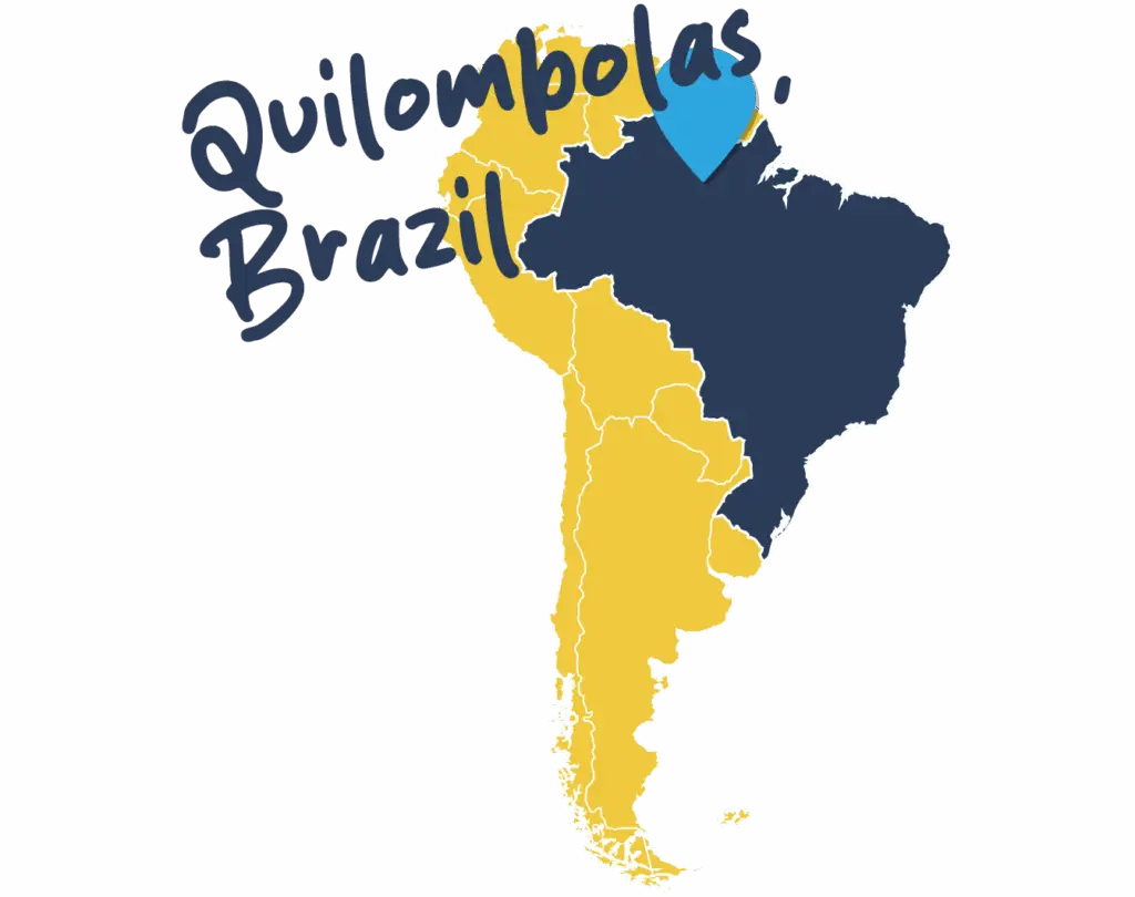 Yellow map of South America with a blue marker highlighting Quilombolas, Brazil
