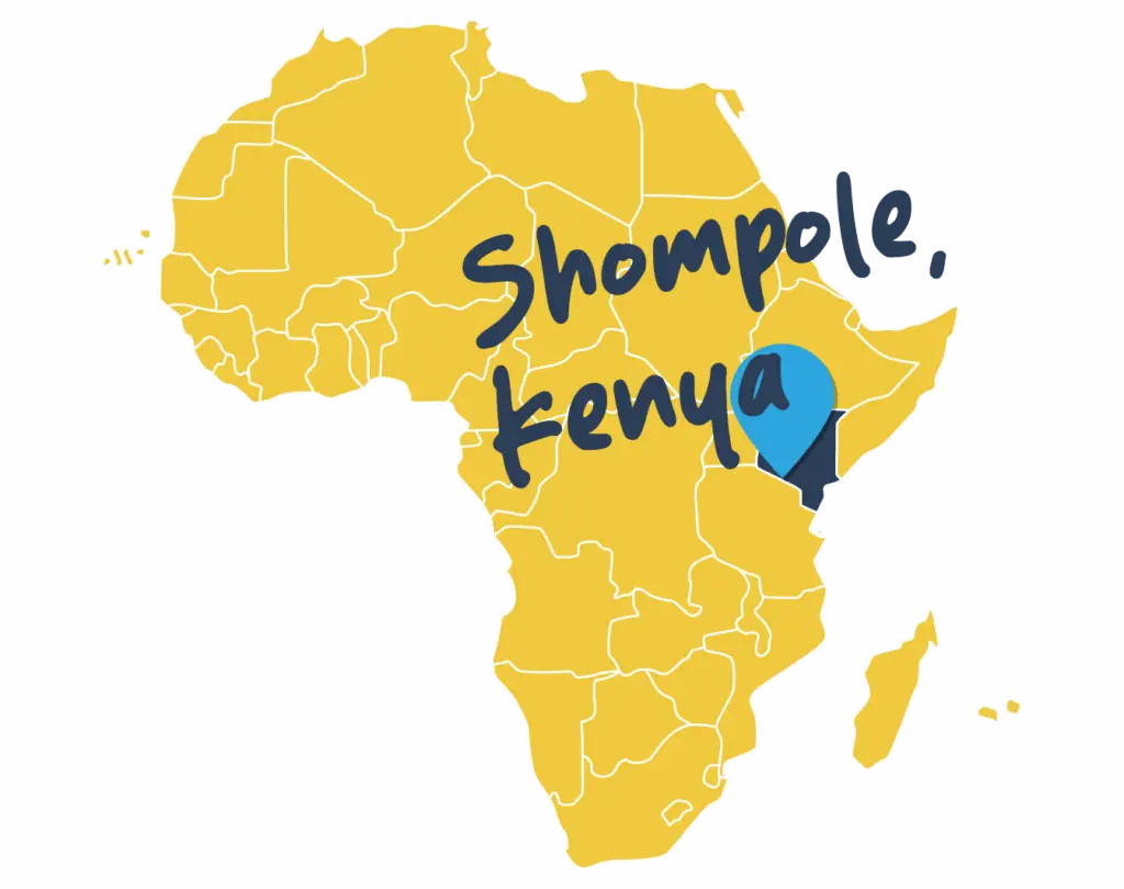 Yellow map of Africa with a blue marker highlighting Shompole, Kenya